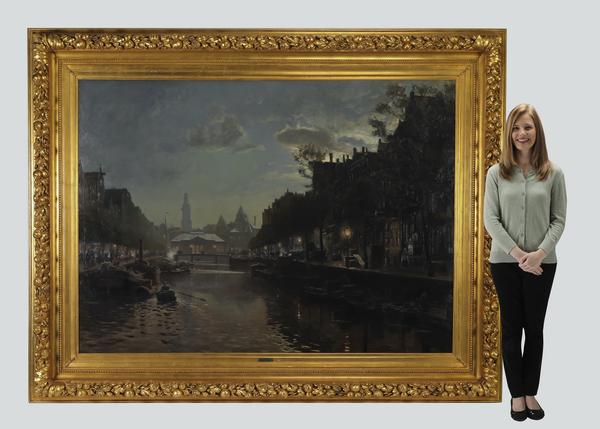 Late 19th or early 20th century oil on canvas attributed to Heinrich Hermanns (German, 1862-1942), titled A View in Amsterdam, depicting the Singel Canal at dusk (est.  $25,000-$30,000).