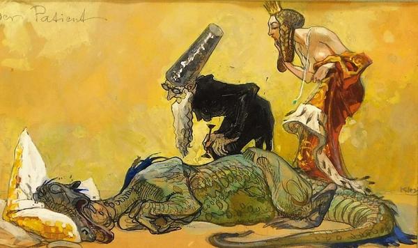 Mythical illustrative painting by Heinrich Kley (German, 1863-1945), titled Der Patient, depicting an ill dragon resting on a pillow stuffed with gold ($4,375).