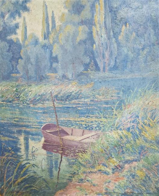 Oil on Masonite board by Henri Jean Guillaume Martin (1860-1943), depicting a river, trees and an unmanned rowboat (est.  $20,000-$40,000).