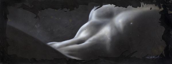 Herbert Beyer, Laying Nude, Multimedia on Metal Board, 120 x 45 cm