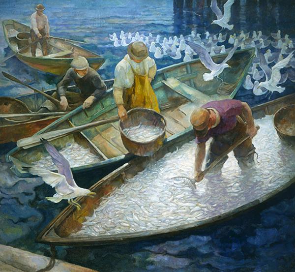 N.C.  Wyeth (1882-1945), Herring!, ca.  1935, oil on canvas, 48 1/8 x 52 1/8”.  Collection of Phyllis and Jamie Wyeth