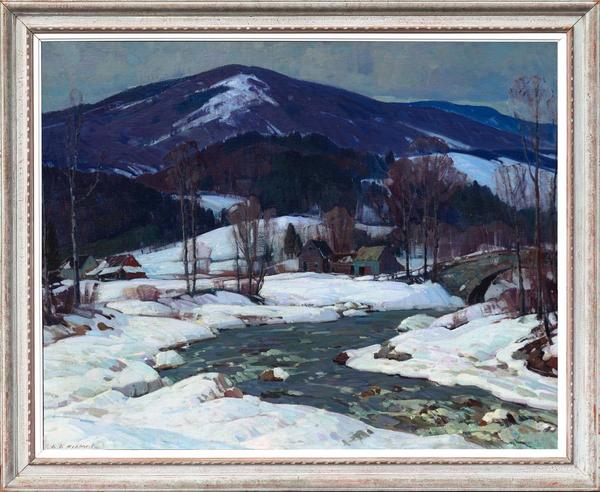 Impressive 40” by 50” oil on canvas by Aldro Thompson Hibbard (American, 1886-1972), often referred to as “The Baseball Painting” (est.  $40,000-$60,000).  