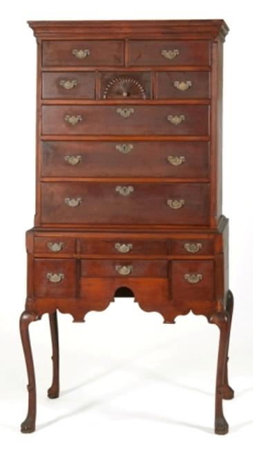 Rare Litchfield County, Connecticut Highboy, circa 1730.  Lot 1399 in Eldred's Americana, Paintings & Maritime Art Auction