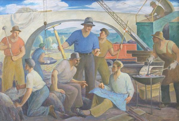 Howard Logan Hildebrandt (1872-1958), 'Working on the Road', circa 1935, oil on canvas, 48 x 72 inches, signed lower right: 'H L Hildebrandt'