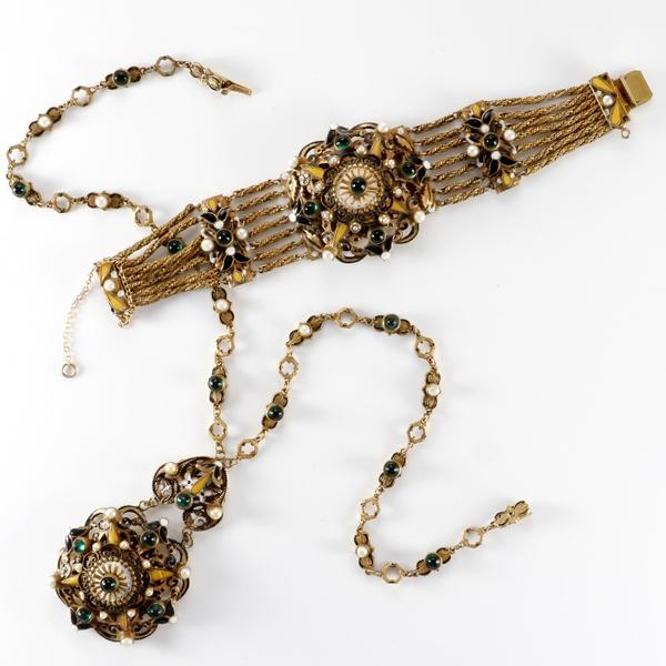 1930s unsigned Hobe Austro-Hungarian style necklace and bracelet set with enamel and pearl details (est.  $800-$1,200).