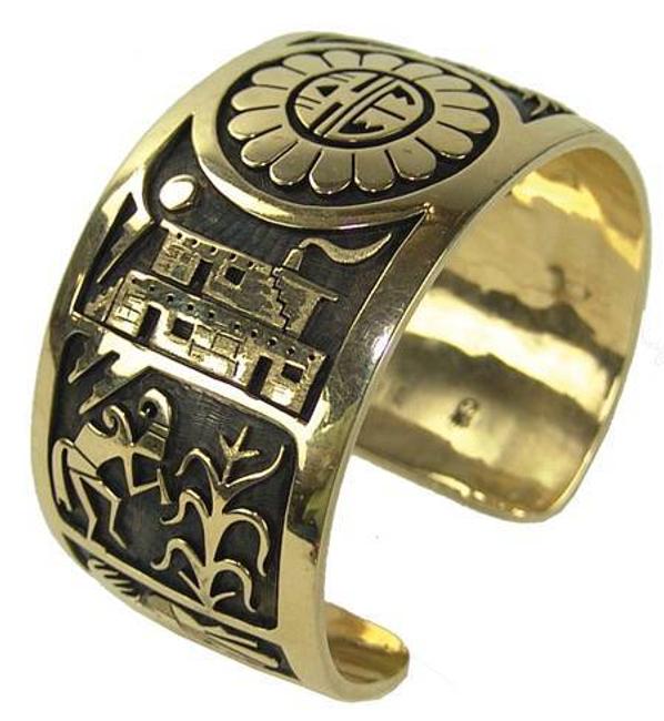 This solid 14kt gold overlay Hopi bracelet with figures, designed by Berra Tawahongva, will be sold March 8-9 in Mesa, Ariz.