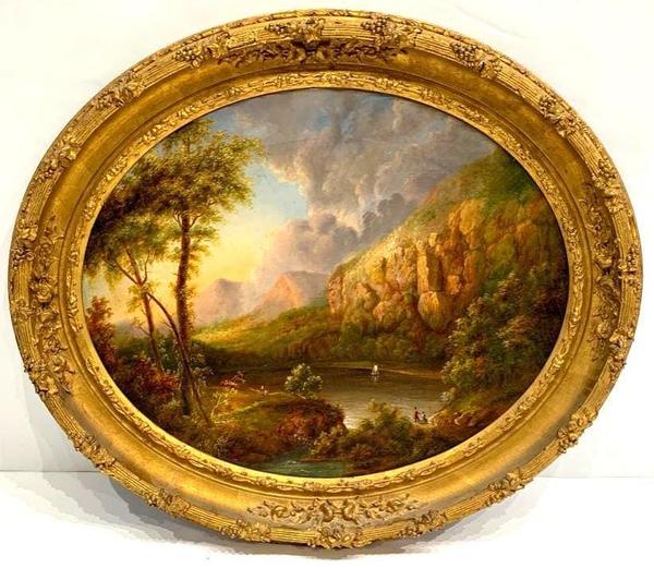 19th century Hudson River School oil painting of a mountainous river landscape with a river, fishermen and a sailboat, in very good condition, 21 inches by 26 inches (canvas) ($7,380).