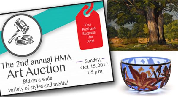 The HMA Art Auction features Lot 92: a landscape painting by Luigi Lucioni (American, 1900-1988) and Lot 90: a glass bowl by Kelsey Murphy (Ohio/West Virginia, 20th/21st c.).