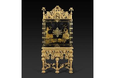 Exhibitor: Hyde Part Antiques A Charles II Black and Gilt Japanned Cabinet with Original Giltwood Stands and Cresting, circa 1685.  