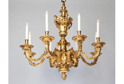 Mallett, London and NY, AN OUTSTANDING LOUIS XIV ORMULU CHANDELIER An extremely rare Louis XIV ormolu eight-light chandelier attributed to André-Charles Boulle with the finest casting and vigorously detailed decoration.  France, circa 1680