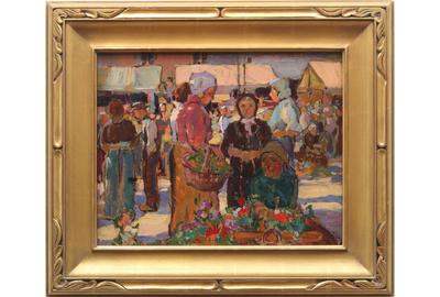 Frank Harmon Myers (American 1899 – 1956): MARKET - Oil on board, 13 x 16 inches/Signed lower right