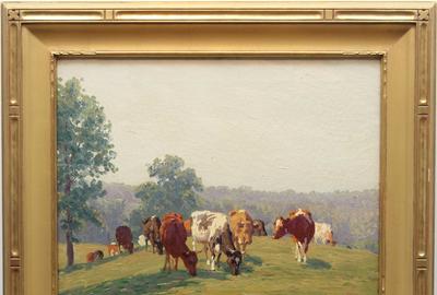 Edward Charles Volkert (American 1871 - 1935): COWS IN A PASTURE - Oil on canvas, 18 x 20 inches/Signed lower right