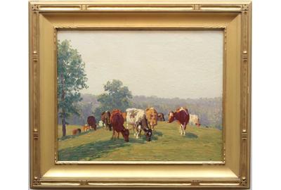 Edward Charles Volkert (American 1871 - 1935): COWS IN A PASTURE - Oil on canvas, 18 x 20 inches/Signed lower right