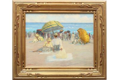 FRANKLIN EDWARD MORRIS (AMERICAN 1938 - 2009) SUNDAY AT THE BEACH Oil on Board, 16 x 20 inches / Signed lower left