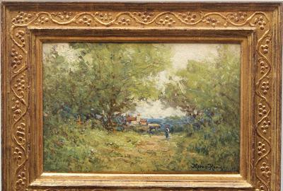 Milne Ramsey (American 1847 - 1915): Figure on a Path - Oil on Board, 8 x 11.5 inches / Signed lower right 