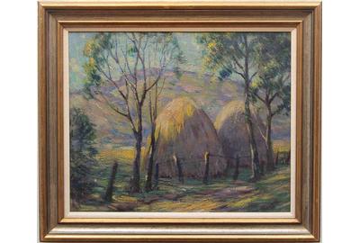 Stephen Alke (American 1874-1941) August Hay Bales - Oil on Canvas, 18 x 22 inches / Signed lower right