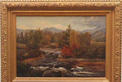  Sylvester Phelps Hodgdon (American 1830 - 1906): River Landscape in Autumn, 1857 - Oil on Canvas, 13.5 x 19.75 inches / Signed lower center