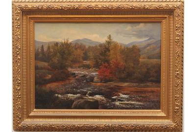  Sylvester Phelps Hodgdon (American 1830 - 1906): River Landscape in Autumn, 1857 - Oil on Canvas, 13.5 x 19.75 inches / Signed lower center