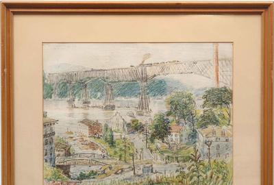 REYNOLDS BEAL (AMERICAN 1866/67 - 1951) POUGHKEEPSIE RAILROAD BRIDGE Crayon on Paper, 12 x 15.25 inches / Signed lower left