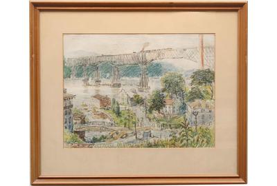 REYNOLDS BEAL (AMERICAN 1866/67 - 1951) POUGHKEEPSIE RAILROAD BRIDGE Crayon on Paper, 12 x 15.25 inches / Signed lower left