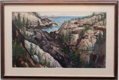 OGDEN MINTON PLEISSNER (AMERICAN 1905 – 1983) COAST OF MAINE ACADIA PARK Watercolor, 17 x 28.5 inches / Signed lower right