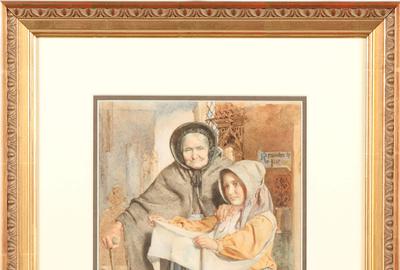 James Lobley (British 1829 – 1888) ( aka J.  Lobley ): Remember the Poor - Watercolor, 12 x 8 inches / Signed lower left