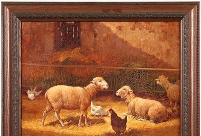 Charles H Clair (French 1860 – 1930) ( aka Charles Clair ): Sheep in the Barn - Oil on canvas, 15 x 18 inches / Signed lower left