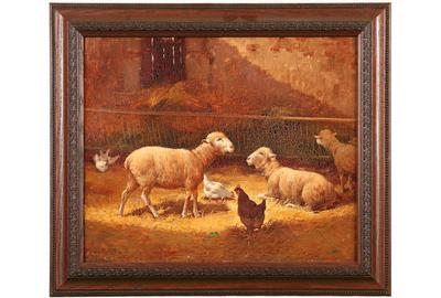 Charles H Clair (French 1860 – 1930) ( aka Charles Clair ): Sheep in the Barn - Oil on canvas, 15 x 18 inches / Signed lower left