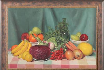 Edwin M.R.  Weiner (American 19th century) ( aka Edwin Weiner ): Still Life with Fruit - Oil on canvas, 19 x 27 inches / Signed on stretcher bar reverse