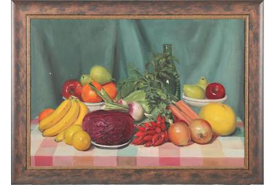 Edwin M.R.  Weiner (American 19th century) ( aka Edwin Weiner ): Still Life with Fruit - Oil on canvas, 19 x 27 inches / Signed on stretcher bar reverse