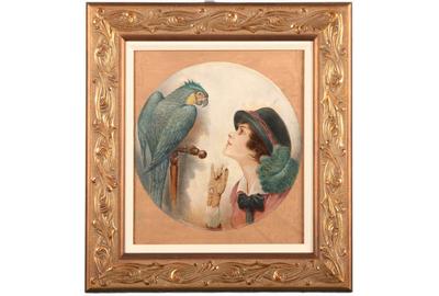 Otto Flecker (20th Century German or Austrian Illustrator): Girl with Parrot, Illustration, 1927 - Oil on canvas, Rondo 11 inches in diameter / Signed and dated lower left