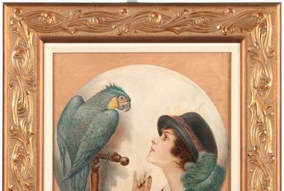 Otto Flecker (20th Century German or Austrian Illustrator): Girl with Parrot, Illustration, 1927 - Oil on canvas, Rondo 11 inches in diameter / Signed and dated lower left