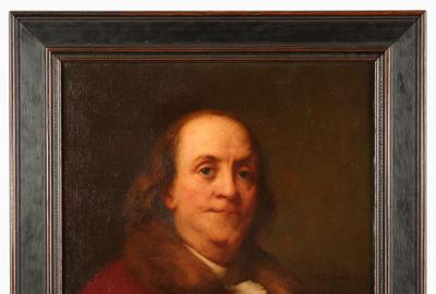 CLARENCE DREW BARTLETT (AMERICAN, BORN 1863) ( aka C D Barlett ) PORTRAIT OF BENJAMIN FRANKLIN Oil on canvas, 21.5 x 17.5 inches / Signed right center