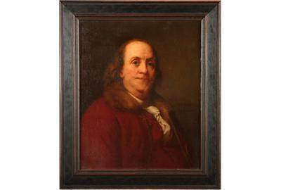 Clarence Drew Bartlett (American, born 1863) ( aka C D Barlett ): Portrait of Benjamin Franklin - Oil on canvas, 21.5 x 17.5 inches / Signed right center