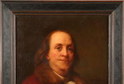 Clarence Drew Bartlett (American, born 1863) ( aka C D Barlett ): Portrait of Benjamin Franklin - Oil on canvas, 21.5 x 17.5 inches / Signed right center