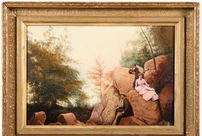 William Guy Wall (Irish/American 1792 – 1864): A Sojourn Along the River - Oil on canvas, 11.3 x 16.5 inches / Signed lower left