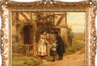 George Goodwin Kilburne (British 1839 – 1924): Offering Sandwiches to Travelers - Oil on canvas, 20 x 16 inches / Signed lower right