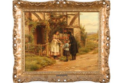 George Goodwin Kilburne (British 1839 – 1924): Offering Sandwiches to Travelers - Oil on canvas, 20 x 16 inches / Signed lower right