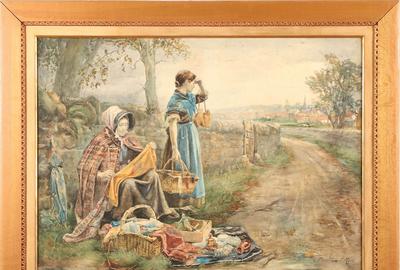 Christiana Patterson Ross, RSW (British 1843 – 1906): The Peddlers on the Road to Edinburgh - Watercolor, 21 x 29.5 inches / Signed lower right