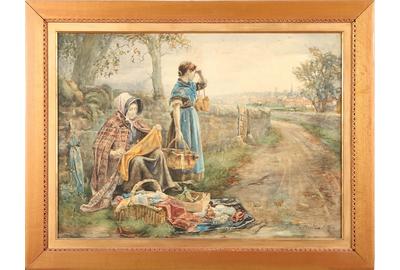 Christiana Patterson Ross, RSW (British 1843 – 1906): The Peddlers on the Road to Edinburgh - Watercolor, 21 x 29.5 inches / Signed lower right