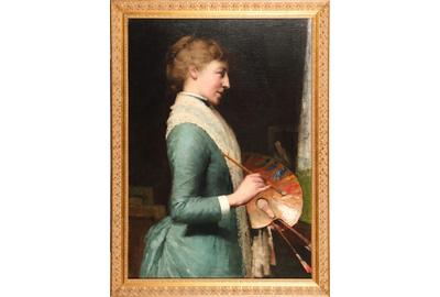 Charles Augustus (Shorty) Lasar (American 1856 – 1936): The Lady Artist - Oil on canvas, 36 x 25.5 inches / Signed 