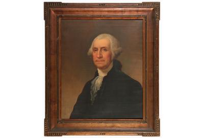 James Reed Lambdin (American 1807 - 1889) ( aka J.R.  Lambdin ): Portrait of George Washington - Oil on canvas, 29.5 x 24.5 inches / Signed and title on reverse canvas