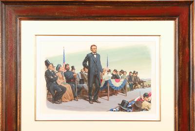 Edward T.  Vebell (born 1921): Lincoln at Gettysburg - Watercolor and gouache, 13 x 22 inches / Signed lower right