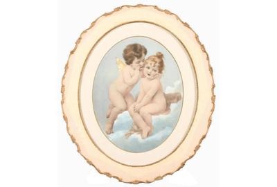  Virgilio Tojetti (Italian/American 1849 – 1901) ( aka V.  Tojetti ): Two Putti, 1899 - Pastel on paper, rondo 13.5 x 10.5 inches / Signed and date lower right