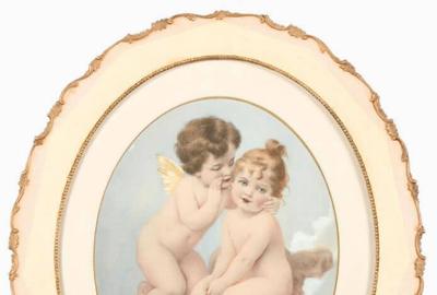  Virgilio Tojetti (Italian/American 1849 – 1901) ( aka V.  Tojetti ): Two Putti, 1899 - Pastel on paper, rondo 13.5 x 10.5 inches / Signed and date lower right