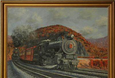 P.L.  Bierce (American, 20th century): Pennsylvania Locomotives on Horseshoe Curve - Oil on artist board, 21.5 x 29.5 inches / Signed and dated lower right