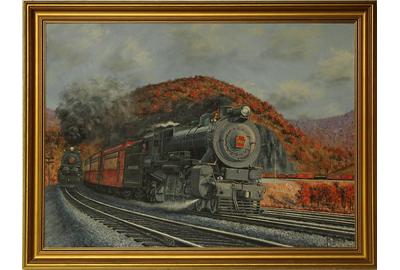 P.L.  Bierce (American, 20th century): Pennsylvania Locomotives on Horseshoe Curve - Oil on artist board, 21.5 x 29.5 inches / Signed and dated lower right