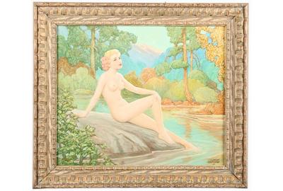 J.  Clinton Shepherd (American 1888 – 1975) ( aka Joy Clinton Shepherd ): Nude at Lake - Oil on canvas, 20 x 24 inches / Signed lower right