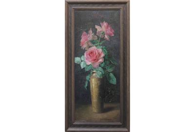 Exene Reed Meyersham (American 1886-1978) ( aka Exene Meyersham ) Pink Roses in a Vase - Oil on canvas, 9 x 22 inches / Signed lower right