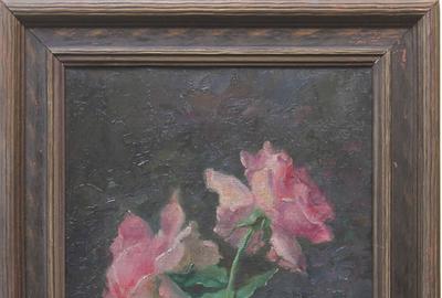 Exene Reed Meyersham (American 1886-1978) ( aka Exene Meyersham ) Pink Roses in a Vase - Oil on canvas, 9 x 22 inches / Signed lower right